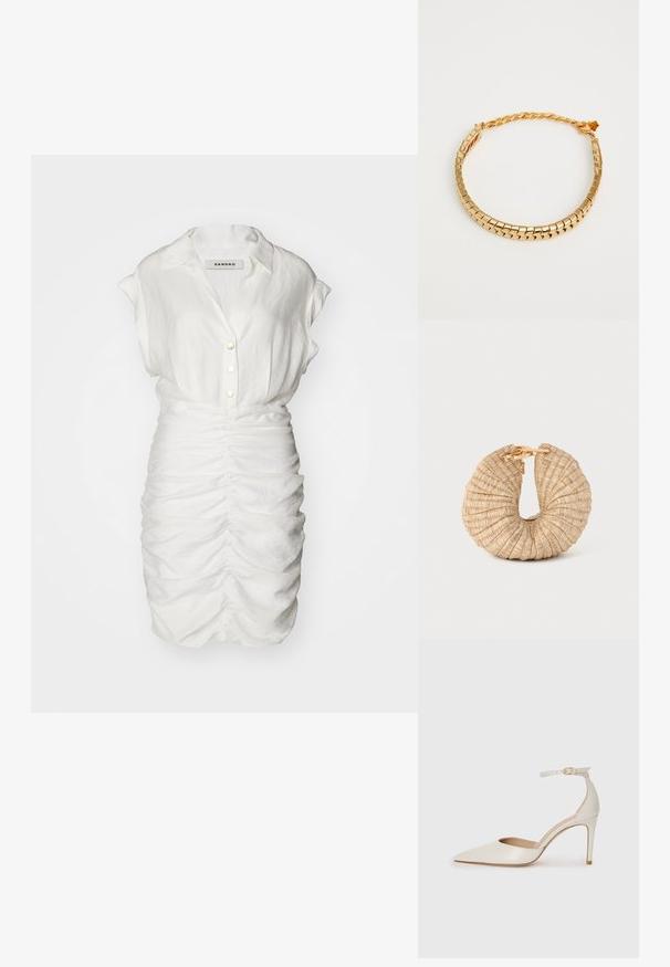 Hvid knap-opp dress med korte ærmer og rynket tekstur, med en krave og dekorative frontknapper for en tætsiddende silhuet.; Hvide læder højhælede sko med spids tå, ankelrem og en slank stiletto-hæl. Glat tekstur med subtilt glansfuld finish.; Cult Gaia UBAH - Clutches - wheat; Guldtonet metal chokers med firkantede led og en snoet kæde. Har en sikker lås og en glat, blank finish.