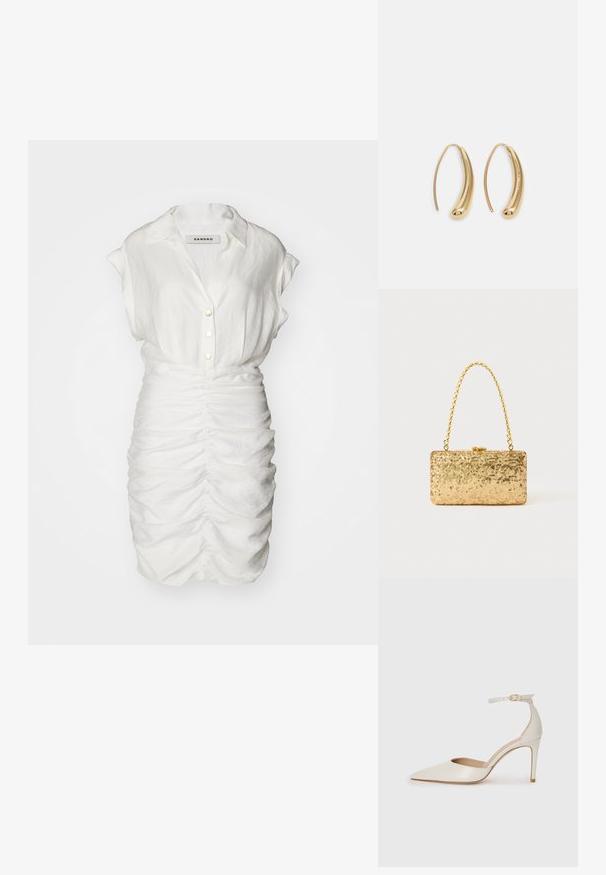 Biele šaty na gombíky s krátkym rukávom a zhrnutou textúrou, so stojacím golierom a dekoratívnymi prednými gombíkmi pre priliehavý strih.; Biele kožené topánky na vysokom podpätku s špicatou špičkou, remienkom okolo členka a štíhlym stiletto podpätkom. Hladký povrch s jemným lesklým povrchom.; Zlatá flitrová listová taška s obdĺžnikovým tvarom, vybavená skrúteným reťazovým držadlom a kovovým uzatváraním, odrážajúca svetlo s textúrovaným povrchom.; Náušnice vo forme zlatých kovových kruhov s zakriveným, predĺženým tvarom. Majú hladký, lesklý povrch a zaoblený koniec pre pridanie detailu.