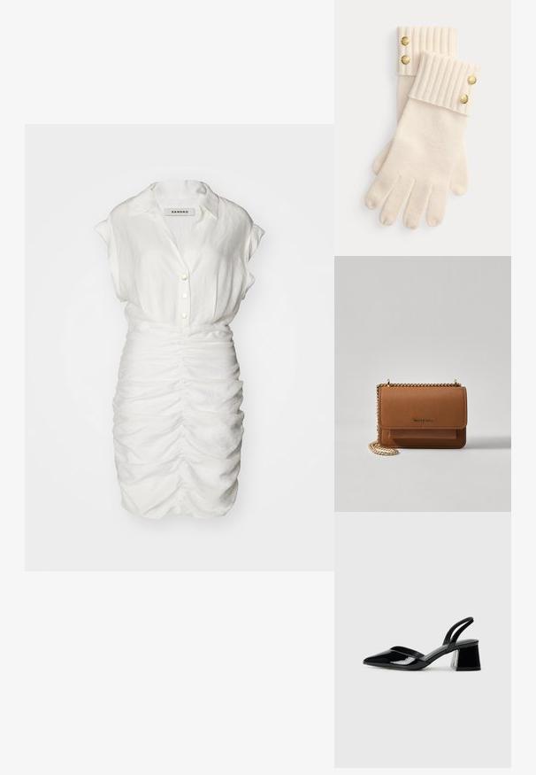 Robes blanches à manches courtes, avec une texture froncée, comportant un col et des boutons décoratifs sur le devant pour une silhouette ajustée.; Escarpins en cuir verni noir avec bout pointu et talon bloc géométrique. Présente un design élégant et minimaliste ainsi qu'une texture lisse.; Sac en cuir texturé marron en bandoulière avec une sangle en chaîne dorée et une fermeture à rabat. L'avant présente un détail de logo et une poche sous le rabat.; Gants en laine couleur crème avec des poignets côtelés, ornés de deux boutons décoratifs dorés chacun au sommet des poignets. Texture douce avec des ouvertures pour les doigts.