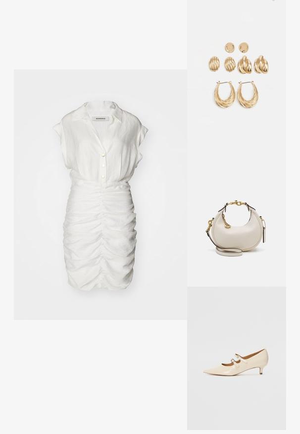 Bílé šaty s krátkým rukávem a zřasenou texturou, s límečkem a dekorativními předními knoflíky pro přiléhavý střih.; Béžové lakované baleríny Mary Jane s dvěma nastavitelnými přezkami, špičatou špičkou a nízkým podpatkem. Hladký povrch s lesklým vzhledem.; Krémová kožená kabelka s půlměsíčním tvarem, zlatými kovovými detaily, černými akcenty a odnímatelným popruhem. Obsahuje řetízkový detail a visačku.; Souprava náušnic ve zlatém tónu, která obsahuje tři páry: texturované oválné náušnice, náušnice s vlnitým designem a velké kruhové náušnice s vrstvenými rýhami.