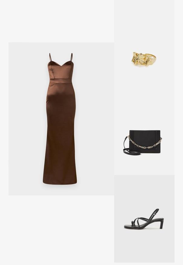 Brūna satīna maksi kleita ar pieguļošu augšdaļu, V-veida dekoltē un plānām siksnām. Svārkiem ir taisna silueta ar apakšmalu, kas pieskaras grīdai.; Melnas strappy sandales ar kvadrātveida purngaliem un zemu bloku papēdi. Ievērojamas ar vairākiem plāniem siksniņām un regulējamu potītes siksniņu. Izgatavotas no gludas ādas.; Melna ādas crossbody soma ar gludu faktūru, taisnstūrveida formu un metalizētu ķēdes detaļu priekšā. Iekļauta regulējama siksna.; Zelta gredzens ar teksturētu, viļņotu dizainu, kas rotāts ar trim izteiktām virsotnēm. Gluda, spīdīga virsma ar atvērtu joslu, lai to varētu pielāgot.