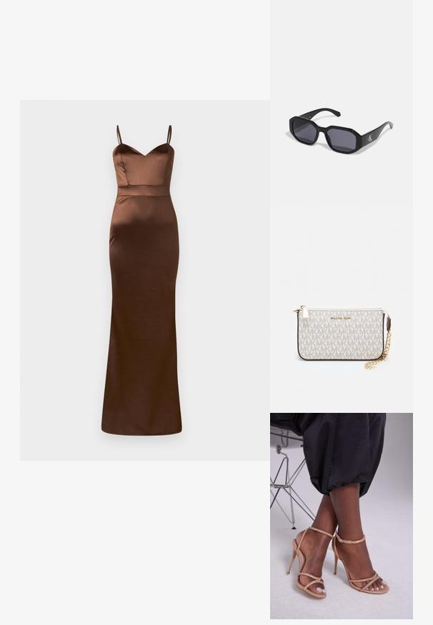 Brązowa satynowa sukienka maxi z dopasowanym gorsetem, dekoltem w kształcie V i cienkimi ramiączkami. Spódnica ma prostą sylwetkę z dołem dotykającym podłogi.; Beżowe sandały na obcasie ozdobione kryształami, z odkrytymi palcami, cienkimi paskami i elegancką sylwetką.; Czarne okulary przeciwsłoneczne w ośmiokątnym kształcie, z ciemnymi soczewkami, błyszczącym plastikowym materiałem i srebrnym akcentem z logo z jednej strony.; Portfel na nadgarstek marki Michael Kors w beżowej, pokrytej płótnem, z powtarzającym się wzorem logo MK, złotym okuciem i odpinanym łańcuszkowym paskiem.; Złote metaliczne kolczyki o falistym wzorze; gładka, odblaskowa powierzchnia; asymetryczny kształt; brak widocznych wzorów lub elementów metalowych.