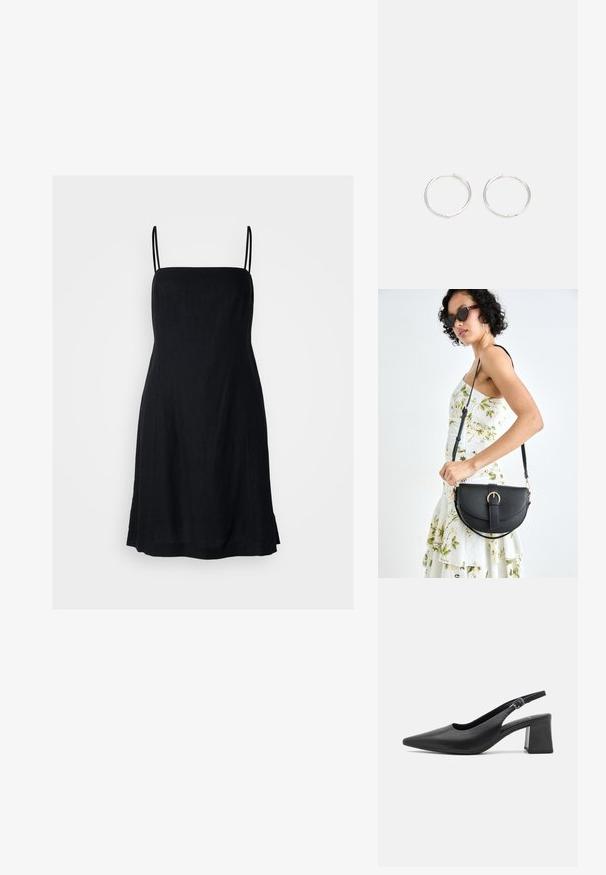 Gap Tall Rochie de zi - black; Pantof de piele neagră cu toc slingback, cu vârf ascuțit și toc gros. Dispune de o curea reglabilă cu un cataramă metalică.; Geantă din piele neagră, cu o formă curbată, curea detașabilă și accesorii aurii. Geanta are un capac cu un detaliu tip cataramă.; Cercei din argint cu un design elegant și rotund, având o suprafață netedă și fără embellismente vizibile. Diametrul nu este specificat.