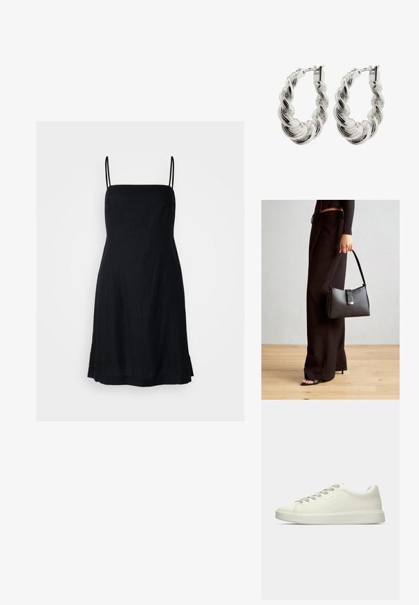 Gap Tall Denní šaty - black; Bílé nízké kožené tenisky s tkaničkovým zapínáním a plochou gumovou podrážkou zobrazené z boku na jednobarevném pozadí.; Černá kabelka se strukturovaným tvarem, hladkým povrchem a kovovým uzávěrem. Kombinována s širokými černými kalhotami a sandály s otevřenou špičkou na dřevěné podlaze.; Zkroutené stříbrné náušnice ve tvaru kruhu s lesklým povrchovým zpracováním, s pletenou texturou a bezpečným zapínáním.