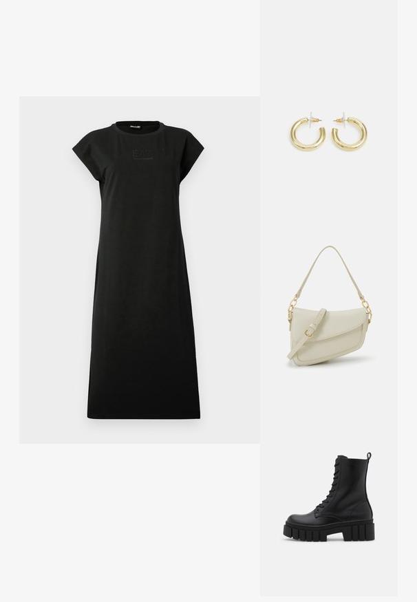 Mustasta puuvillamekosta, jossa on suora malli, lyhyet hupun tapaiset hihat ja pyöreä pääntie. Edessä valaistu logoyksityiskohta.; Mustat nahka nilkkurit, joissa on paksut, uritetut pohjat, nauhakiinnitys edessä ja vetotappi sileällä valkoisella taustalla.; Pieni kerma beige käsilaukku, jossa on teksturoitu pinta, pitkä säädettävä olkahihna, ketjua korostava yksityiskohta ja läppälukko. Kultaista metalliosaa.; Kultaketjut kullasta, joissa on sileä, kiiltävä pinta. Pyöreä muotoilu, jossa on pieni tappi ja kirkas taustalevy turvalliseen käyttöön.