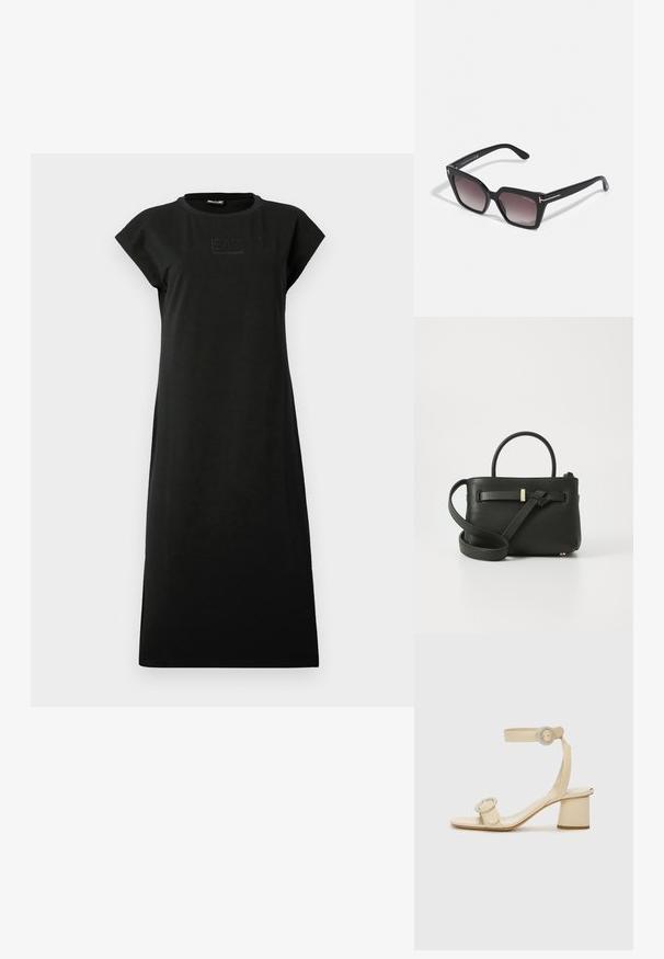 Černé bavlněné šaty s přímým střihem, krátkými rukávy typu cap a kulatým výstřihem. Na přední straně je detail s osvětleným logem.; Béžové sandály na podpatku se čtveratou špičkou, nastavitelným páskem kolem kotníku a dvěma kulatými ozdobnými sponami. Hladká kožená textura a blokový podpatek.; Černé oversized sluneční brýle s geometrickým tvarem, gradientními skly a zlatými akcenty na ramenou. Vyrobeny z odolného plastového materiálu.; Černá kožená kabelka s texturovaným povrchem, s horními uchy a dlouhým nastavitelným popruhem. Na přední straně je zdobena zlatými kovovými akcenty.