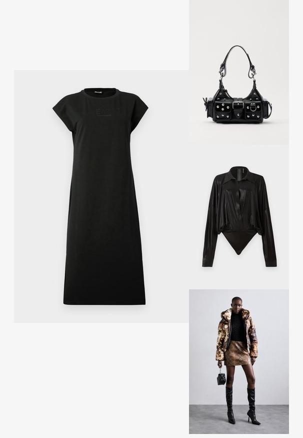 Czarna bawełniana sukienka o prostym kroju, z krótkimi rękawkami typu cap i okrągłym dekoltem. Z przodu ozdobiona podświetlonym logo.; Czarny bodysuit z długimi rękawami, dekoltem w serek i dopasowanym fasonem. Wykonany z błyszczącego, gładkiego materiału z usztywnionym kołnierzykiem i mankietami.; Kurtka puchowa w brązowo-czarny wzór, w połączeniu z brązową mini spódnicą w wężowy wzór, czarnymi wysokimi kozakami do kolan i małą czarną torebką.; Czarna skórzana torebka w zakrzywionym kształcie, z srebrnymi ćwiekami, klamrą i dwoma bocznymi kieszeniami. Regulowany pasek umożliwiający różne opcje noszenia.
