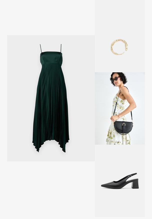 Vestido de satén verde oscuro con tirantes finos, que presenta un diseño plisado y un dobladillo asimétrico. Textura suave y fluida en todo el vestido.; Zapato de tacón slingback de cuero negro con punta afilada y tacón cuadrado grueso. Presenta una correa ajustable con una hebilla de metal.; Bolso de piel negra con forma curva, correa desmontable y herrajes dorados. El bolso cuenta con una solapa con un detalle de hebilla.; Anillo en tono dorado con un diseño orgánico y retorcido, con una textura suave y extremos cónicos, creando una apariencia moderna y escultórica.