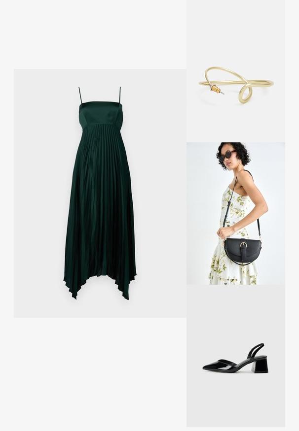 Tumši zaļš satīna kleita ar plāniem siksnām, ar krokotu dizainu un asimetrisku apakšmalu. Gluda, plūstoša tekstūra visā kleitā.; Melna lakota āda ar atvērto papēdi, ar smailu purngalu un ģeometrisku blokpapēdi. Iezīmējas elegants, minimāls dizains un gluda tekstūra.; Melnas ādas rokassoma ar izliekta formu, noņemamu siksnu un zelta aksesuāriem. Somai ir vāciņš ar sprādzes detaļu.; Zelta krāsas metāla aproce ar šķidrām, viļņveidīgām formām. Vienā galā ir neliels, izteikts sudraba krāsas akcents.