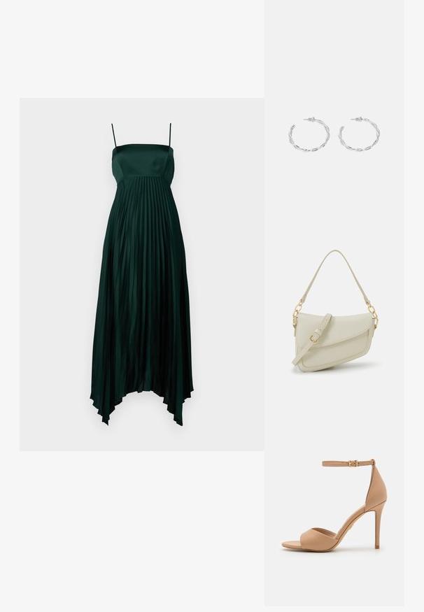 Robe en satin vert foncé avec de fines bretelles, présentant un design plissé et un ourlet asymétrique. Texture lisse et fluide tout au long.; ALDO CRERIDE PILLOW WALK - Sandales - beige; Petit sac à main crème avec une finition texturée, une longue sangle réglable, un accent en chaîne et une fermeture à rabat. Détails en matériel doré.; Boucles d'oreilles en argent en forme de créoles avec un design torsadé, dotées d'une finition polie et d'une fermeture à poussoir. Mesurent environ 3 cm de diamètre.