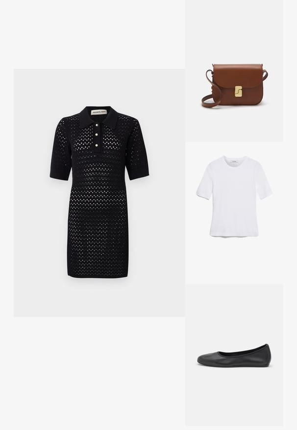 Stickad pikétröja i svart med korta ärmar, med ett texturerat öppet nätmönster och tre pärlliknande knappar på knäppningen.; Vit kortärmad t-shirt i ribbat tyg. Rund halsringning, normal passform och diskreta sömdetaljer. Inga mönster eller tryck.; Svart läderballerinaskor med rund tå, slät yta, minimala söm detaljer och en flexibel sula.; Brun läderhandväska med klaffstängning, guldfärgad hårdvara, axelrem och en slät yta. Kompakt rektangulär form.