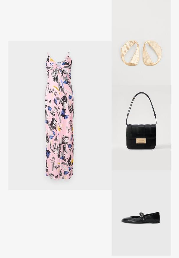 Rózsaszín maxi ruha vékony pántokkal, fekete és kék minták, virágminták és merész szöveges díszítések kollázsával.; Fekete bőr balettcipők, hegyes orral, kör alakú fémbújtatóval ellátott pánttal és lapos talppal.; Loeffler Randall DESI CROSSBODY WITH LOCK HARDWARE - Keresztpántos táska - black; Egy pár szabálytalan, ovális formájú, aranyszínű fém fülbevaló, enyhén kalapált felülettel, fehér háttéren.