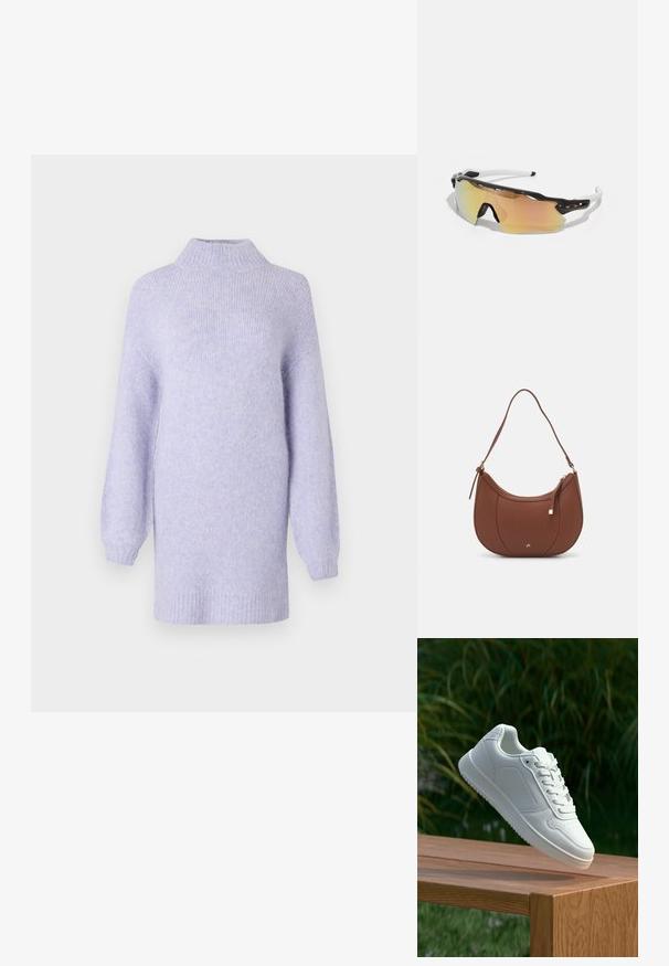 Violets turtleneck džemperis, kas izgatavots no mīksta adījuma materiāla. Iecienītas lielas piedurknes un ribota apakšmala. Nedaudz teksturēts apdare ar brīvu griezumu.; Baltie sporta apavi ar gludu sintētisku augšpusi, perforētu pirkstu daļu, plakani šņorēm un rakstainu zoli, novietoti uz koka virsmas.; Saulesbrilles ar melnbaltu rāmīti, lielām spoguļlēcām zeltainos un rozā toņos, aerodinamisku dizainu un paplašinātu ārējo mali.; Brūns mākslīgās ādas pleca soma ar izliekta forma, minimāls šuvums un zelta toņa aparatūras akcenti. Aprīkota ar augšējo rāvējslēdzēju un regulējamu siksnu.