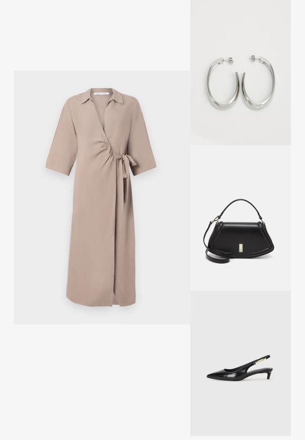 Beige omslagsklänning i lätt tyg, med V-ringning, korta ärmar och ett knytband vid midjan. Midilängd.; Svart läder slingback-hälar med spetsig tå, med en smal klack och en guldtonad detalj på den justerbara remmen. Slät textur.; Svart läderhandväska med en strukturerad design, som har en avskuren form, ett handtag upptill och guldiga detaljer. Justerbar axelrem ingår.; Silverfärgade hoopsörhängen med en slät, böjd design. Har en glänsande metallisk yta och ett stiftlås. Inga synliga mönster eller detaljer.