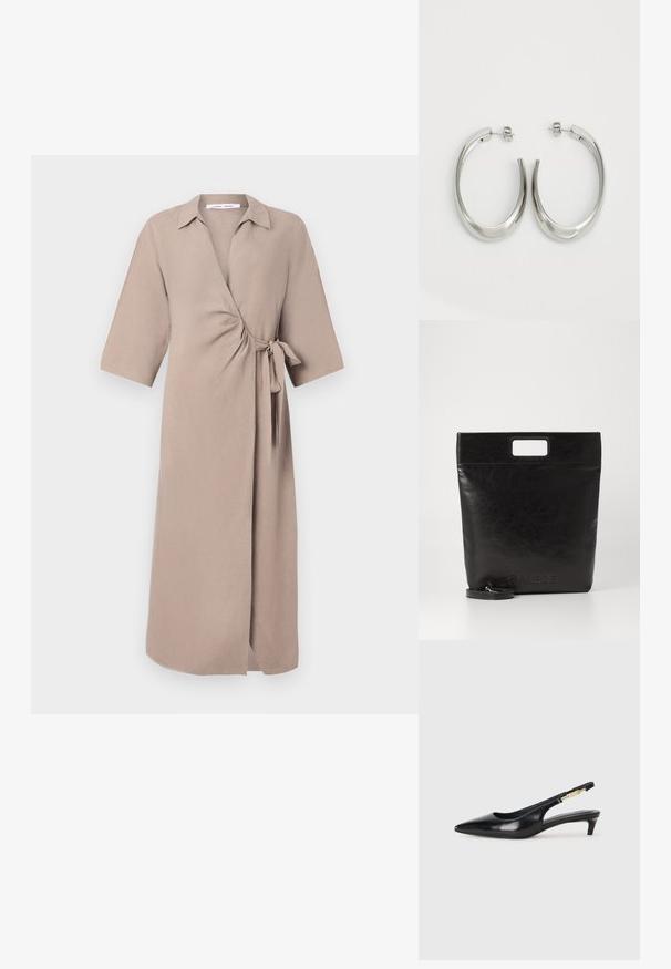 Beige kietaisdress lightweight kankaasta, jossa on V-kaula-aukko, lyhyet hihat ja vyötäröllä solmittava yksityiskohta. Keskipituinen malli.; Mustat nahkaiset slingback-korkokengät, joissa on terävä kärki, ohuet korot ja kultasävytteinen yksityiskohta säädettävässä hihnassa. Silkkinen pinta.; Musta nahkainen kassi neliskulmaisella kahvalla, jossa on teksturoitu pinta ja kohokuvioitu logo. Mukana irrotettava olkahihna.; Hope hopeista, joissa on sileä, kaareva muotoilu. Varustettu kiiltävällä metallipinnoitteella ja nappikiinnityksellä. Ei näkyviä kuvioita tai koristeluja.