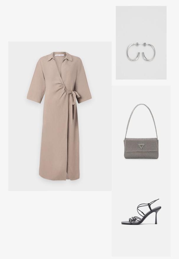 Beige περιτύλιγμα φόρεμα από ελαφρύ ύφασμα, με V-λαιμόκοψη, κοντά μανίκια και δεσμό στη μέση. Σχεδίαση μεσαίου μήκους.; Μαύρες ψηλοτάκουνες σανδάλες με λεπτές λωρίδες και σχέδιο με κόμπους, λείο τετράγωνο μπροστινό μέρος και κομψό τακούνι στιλέτο.; Ανοικτό γκρι μεταλλική τσάντα χειρός με αλυσίδα, διακοσμημένη με μικρούς κυκλικούς μεταλλικούς στύλους και ένα τριγωνικό λογότυπο της μάρκας.; Ασημένια σκουλαρίκια κρίκοι με λεία, λαμπερή φινίρισμα. Στρογγυλό σχήμα, ελαφρύ σχέδιο, με κλείσιμο τύπου πίσω.