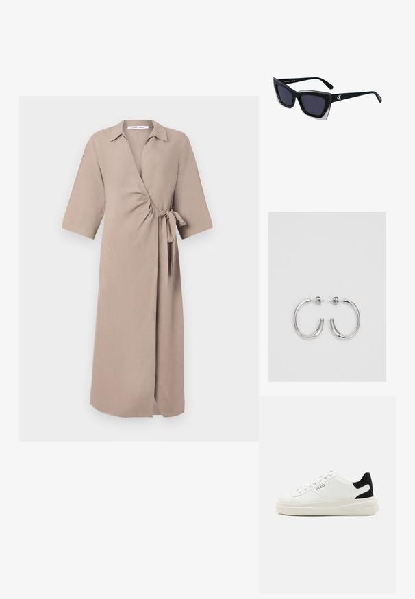 Vestido wrap bege em tecido leve, com decote em V, mangas curtas e um detalhe atado na cintura. Design de comprimento médio.; Sapatilhas brancas de couro com uma sola branca espessa, detalhe em camurça preta no calcanhar e logótipo em relevo na lateral. Design com atacadores e seis ilhós.; Óculos de sol oversized pretos com forma geométrica, apresentando lentes escuras e um detalhe cinza em contraste na armação. Logotipo na haste.; Brincos de argola prateados com um acabamento suave e brilhante. Forma arredondada, design leve, com fecho de pino.