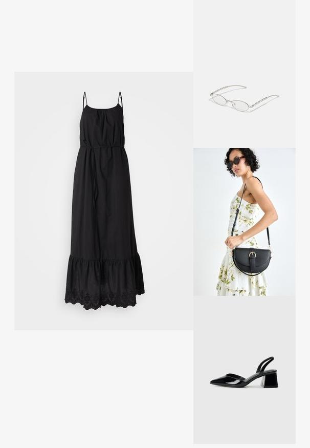 Schwarzes Maxikleid mit verstellbaren Spaghetti-Trägern, gerafftem Taillenbereich und Rüsche am Saum, das mit gestickten Blumenmustern verziert ist. Aus weichem, leichtem Stoff.; Schwarze Lackleder-Slingback-High Heels mit spitzem Schuh und einem geometrischen Blockabsatz. Verfügt über ein schlankes, minimalistisches Design und eine glatte Textur.; Ovale Brillen mit einem metallisch-silbernen Rahmen, klaren Gläsern und strukturierten Perlenakzenten an den Bügeln. Leichtes Design mit gebogenen Bügeln.; Schwarze Lederhandtasche mit geschwungener Form, abnehmbarem Tragegurt und goldenen Beschlägen. Die Tasche verfügt über einen Deckel mit einer Schnallen-Details.