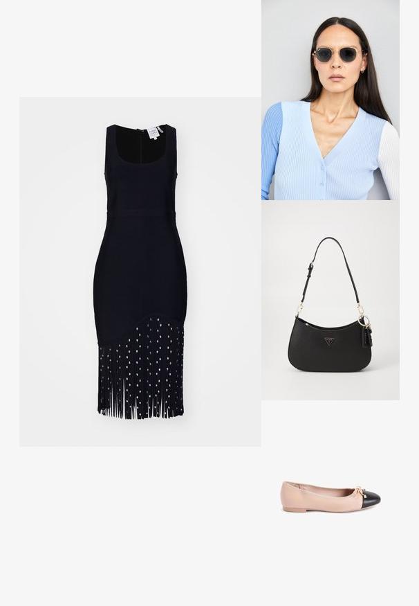 Melnas bezpiegu kleitas ar pieguļošu augšdaļu un frizētas malu, rotātas ar sudraba pērlēm, izgatavota no mīkstas, teksturētas auduma.; Beige ādas baleta kurpes ar melna ādas purngalu. Iezīmēta ar lentītes akcentu un plakanu zoli ar gludu tekstūru.; Apaļas saulesbrilles ar tumšiem objektīviem un zeltītām rāmēm. Modelis valkā gaiši zilu, ribotu kardigānu ar pogām un kontrastējošām baltām piedurknēm.; Melnā sintētiskā rokas soma ar izliekumu, zelta aksesuāriem un trīsstūrveida logotipu. Iekļauj iešūtu aizdari un regulējamu siksnu.