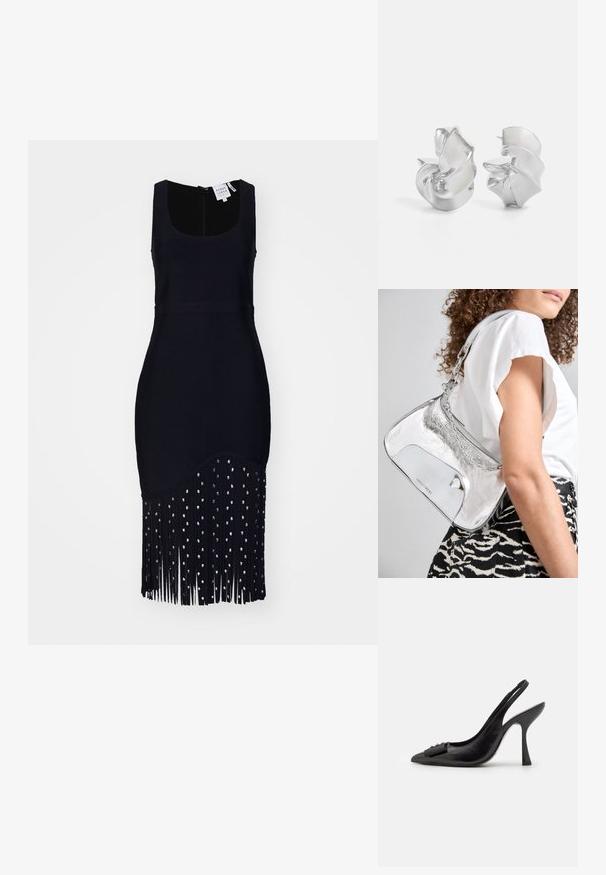 Fekete, ujjatlan ruha, amelynek testhez simuló felsőrésze és rojtos hemje van, ezüst gyöngyökkel díszítve, puha, texturált anyagból készült.; Fekete bőr pántos cipő hegyes orral, karcsú magas sarkával és dekoratív masnival. Simaság és elegáns dizájn.; Ezüst fémes válltáska sima felülettel, ívelt formával, lánchordóval, és egy fényes elülső panellel, amelyen finom logógravírozás található.; Ez egy ezüst fülbevaló, amely áramló, spirális formatervezéssel rendelkezik. Simább textúrájú, fényes felületű. Diszkrét fényt biztosít, és nincsenek látható díszítések.