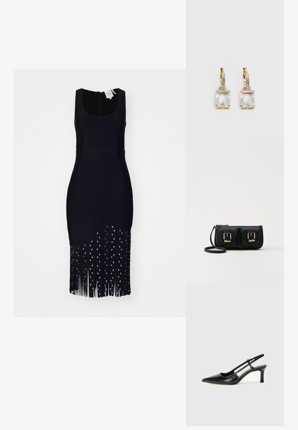 Must mustrõiv, millel on ümberpööratud varrukad ja kindel vorm, kaunistatud hõbedaste helmestega, valmistatud pehmest, tekstuuritud kangast.; Mustmust paelad, millel on terav varvas, tekstuuriga maduprindiga, reguleeritav rihm ja lühike tekstuuriga plokknina.; Must küllastamata nahast õlakott, millel on kaks esist nähtavat taskut, kuldsed pandlad, tõmblukuga sulgemine ja peen rihm. Tekstuuriga pind ja kompaktne ristkülikukujuline kuju.; Kuldtooni kõrvarõngad, millel on ristkülikukujuline, selge kristall, mis ripub allapoole väikeste ümmarguste selgete aktsentide rida. Viimistletud, kaasaegne disain.