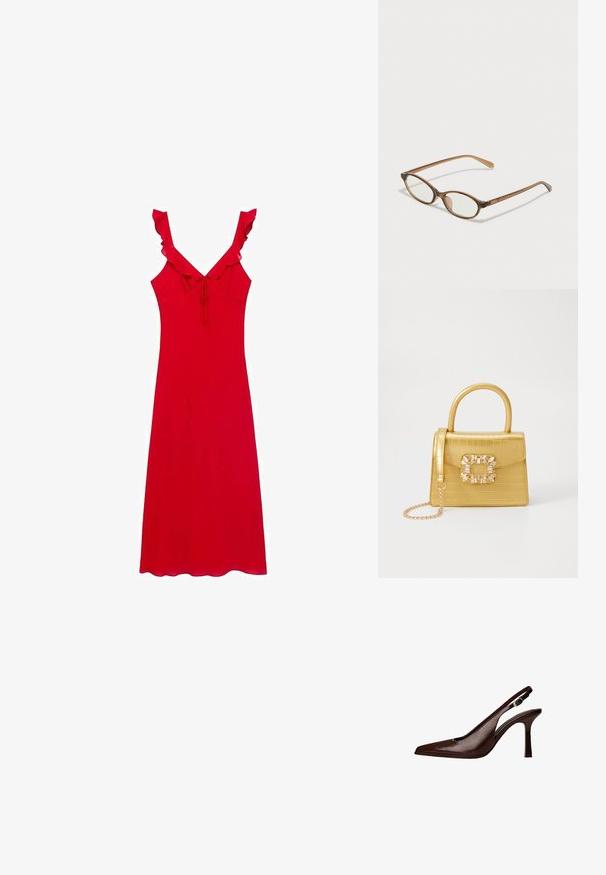 Rotes Sommerkleid mit taillierter Form, gesmokten Schulterträgern und einer Schleifendetail vorne; weicher Stoff mit glatter Textur.; Braune Leder-Slingback-Pumps mit spitzer Zehenform und dünnem Absatz. Sie verfügen über eine kleine Akzent-Schnalle am Riemen und eine glänzende Oberfläche.; Braune Schildpatt-Brille mit ovalen Gläsern, dünnen Bügeln und transparenten Akzenten. Verfügt über ein dezentes Logo am Bügel. Elegantes, leichtes Design.; Gelbe Kunstleder-Handtasche im Krokodil-Look mit strukturiertem Design, Obergriff, abnehmbarem Kettenriemen und dekorativer Kristallverzierung am Verschluss.