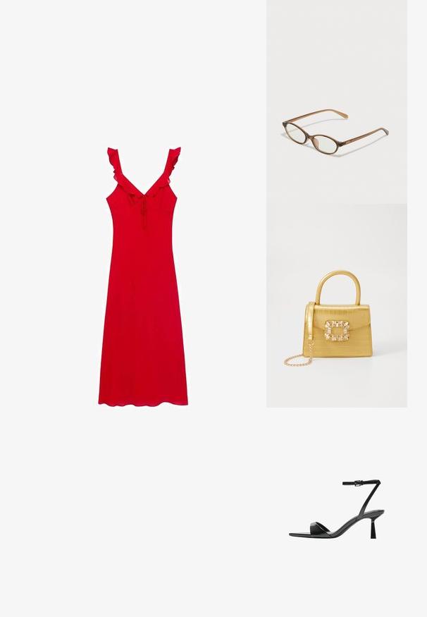 Crvena haljina bez rukava s prilagođenim dizajnom, rukavima s volanima i detaljem za vezanje sprijeda; mekana tkanina s glatkom teksturom.; Bershka Sandale s visokom petom - black; Smeđe skupe naočale s ovalnim lećama, tankim drškama i prozirnim akcentima. Ima suptilan logo na sljepoočnici. Elegantan, lagan dizajn.; Žuta torbica od umjetnog krokodila sa strukturiranim dizajnom, gornjom ručkom, odvojivim lančićem i dekorativnim kristalnim ukrasom na kopči.