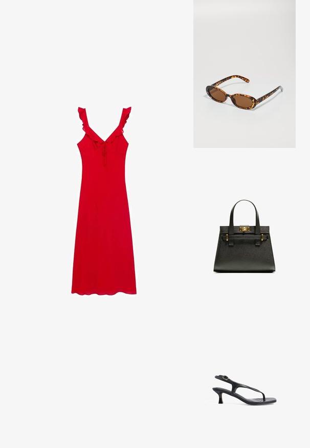 Rød sommerkjole med en tætsiddende design, frynsede skulderstropper og en bindebåndsdetaile foran; blødt stof med en glat tekstur.; Sort læder sandal med et slankt design, tynde stropper og en lille hæl. Har en spænde detaljer og en glat, tekstureret indersål.; Skildpadde-solbriller med ovale stel, brune linser og slanke sorte arme med diskrete mønster-indsatser.; Sort tekstureret tote taske med korte håndtag, der har en guldlås og detaljer. Designet er struktureret med en geometrisk silhuet.