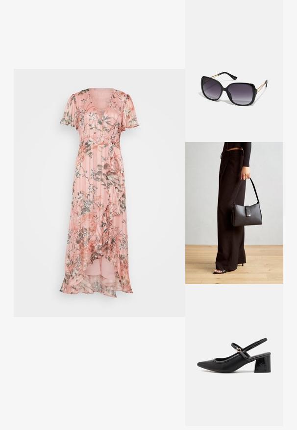 Rožinė gėlių maksi suknelė su V formos iškirpte, trumpomis rankovėmis, raukšlėtu priekiu ir laisvai krintančia, pusiau permatoma medžiaga. Pasižymi vertikalių juostelių raštu.; Juodi patentinio odos slingback aukštakulniai su smailiu pirštu, apvaliu išpjovimu ir blokiniu kulnu. Papuošti auksiniu juostos akcentu.; Juodos didelės saulės akinių su pereinamais objektyvais, storomis rėmeliais ir auksinės spalvos grandinėmis ant šventyklų.; Juodas rankinė struktūrizuota forma, lygi tekstūra ir metalinis užsegimas. Suporuota su plačiomis juodomis kelnėmis ir atvirais bateliais ant medinių grindų.