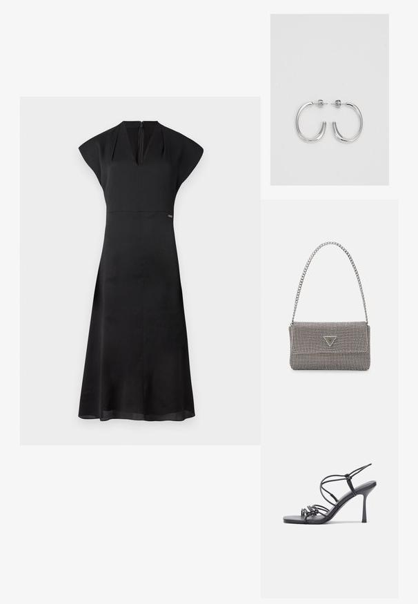 Fekete ruha rövid, kupakos ujjakkal és V nyakkivágással. Texturált anyag, testhezálló fazonú felsőrész és bővülő szoknya. Hátul cipzáras záródás és diszkrét márkajelzés.; Fekete magas sarkú szandálok vékony pántokkal, csomózott mintával, sima négyzetes orral és karcsú stiletto sarkal rendelkeznek.; Világosszürke fémes kézitáska lánc pánttal, kis kör alakú fém kifinomult díszítéssel és háromszög alakú márkagéppel.; Ezüst karika fülbevalók sima, fényes felülettel. Lekerekített forma, könnyű kialakítással, tűs zárómechanizmussal.