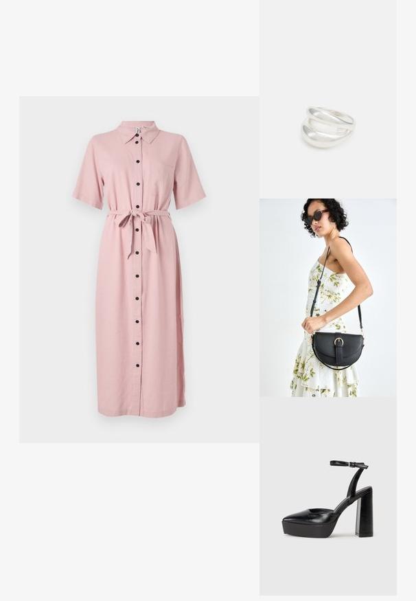 Roza haljina sa dugim rukavima, izrađena od lagane tkanine, s ovratnikom, kratkim rukavima, remenom u struku i džepom na prsima s crnim gumbima.; Crne platforme s potpeticom s oštrim vrhom i podešivom naramenicom. Izrađene od glatke kože, s masivnom blok petom.; Crna kožna torba s lukovitim oblikom, odvojivim remenom i zlatnim detaljima. Torba ima preklop s kopčom.; Srebrna dvostruka prsten s glatkom, poliranom površinom. Karakterizira ga fluidan, zakrivljen dizajn s preklapajućim sekcijama za moderan izgled.