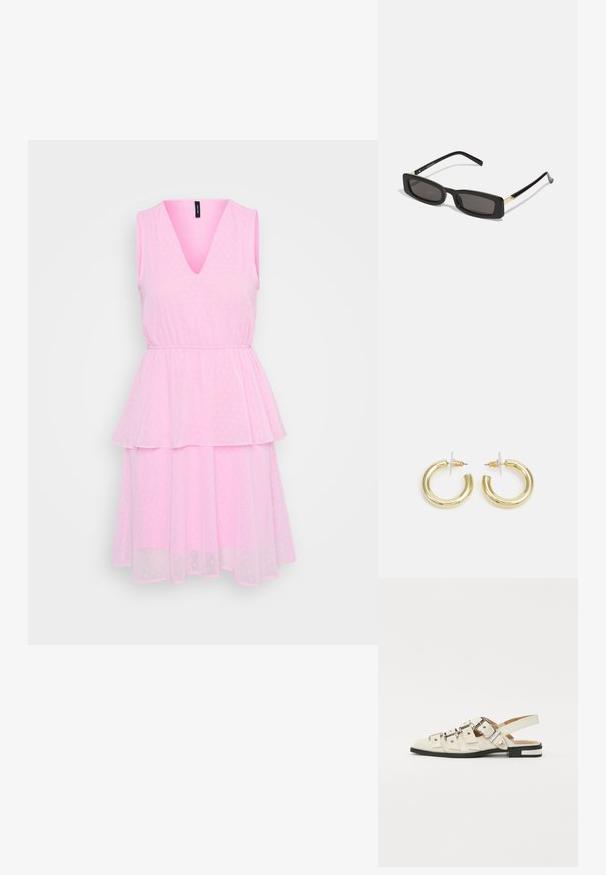 Ružové bezrukávové šaty s v-výstrihom, so štruktúrovanou sukňou a bodkovaným vzorom, vyrobené z ľahkej tkaniny.; Sandalové topánky so zapínaním vzadu z bielej kože s viacerými širokými popruhmi a striebornými prackami; plochá podrážka s malým čiernym podpätkom a metalickými akcentmi.; Čierne obdĺžnikové slnečné okuliare s tmavými šošovkami, lesklými plastovými rámami a zlatými akcentmi na spánkoch. Minimalistický dizajn a štíhly tvar.; Zlaté kruhové náušnice s hladkým, lesklým povrchom. Cirkulárny dizajn s malým steblom a jasným záznamom pre bezpečné nosenie.