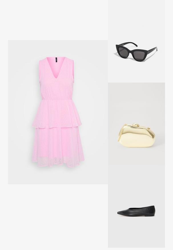 Roza haljina bez rukava s V-izrezom, s višeslojnom suknjom i uzorkom točkica, izrađena od laganog materijala.; Crne kožne balerinke, uski vrh, minimalistički dizajn, glatka tekstura, niska peta, bez vidljivih dodataka ili ukrasa.; Crne mačkaste sunčane naočale s mat završnom obradom, sivo obojeni leće, oštri kutovi i elegantne bočne ručke. Ime brenda vidljivo na unutrašnjoj strani ručke.; Metalni zlatni clutch s glatkim, zaobljenim oblikom, s gornjim kopčom na dugme i malim lancem za nošenje.