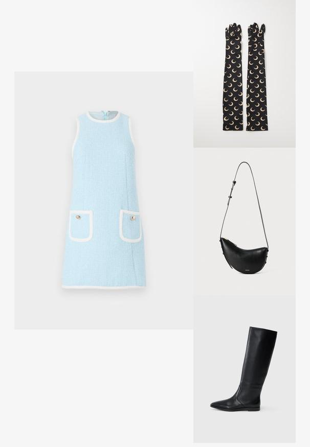 Gaiši zils bezpiedurknu kleita, izgatavota no teksturēta auduma, ar baltām maliņām, divām krūšu kabatām un apļveida zelta pogu akcentiem.; Melnas ādas ceļgala augstas zābaki ar smailu purngali un minimālistisku dizainu. Gluda tekstūra un plakana zole, ar diskrētām sānu šuvju detaļām.; Melnas ādas rokassomiņa ar izliekta formu un vienu regulējamu siksnu. Aprīkota ar rāvējslēdzēja aizdari un minimālu zelta aparatūru.; Melnas auduma cimdi ar elegantu, garu dizainu, kas rotāts ar krēmkrāsas pusmēness rakstu. Gluda tekstūra ar pieguļošām pirkstu galiem.