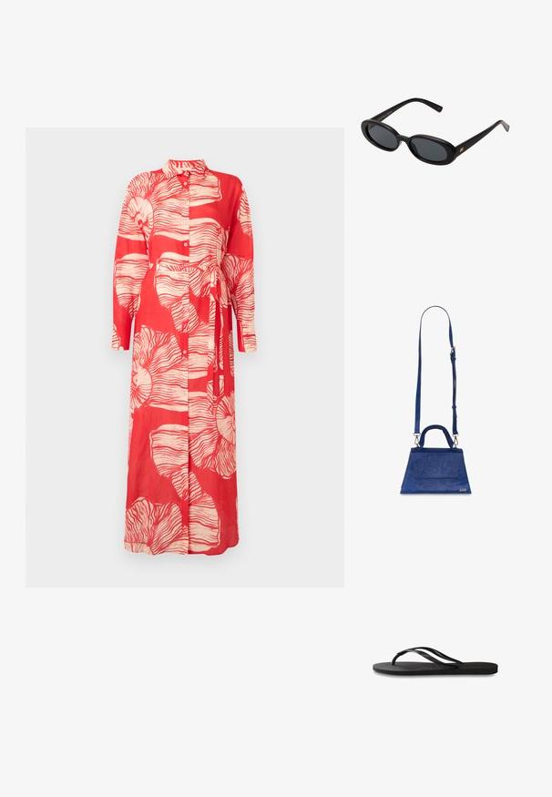 Piros, hosszú ujjú ruha, gallérral, fehér virágmintával és megkötős derékkal. Könnyű anyagból készült, gombos záródással.; Fekete papucs texturált gumitalppal, két vékony pánttal és finom, domború logóval a pánton.; Fekete, oversize napszemüveg ovális lencsékkel, sima műanyag kerettel és arany részletekkel a fülpánton. Sötét lencséi védelmet nyújtanak a napfény ellen.; Kék műbőr táska háromszög alakú kialakítással, felső fogantyúval és állítható vállpánttal. Simább felülettel és elülső fedél részlettel rendelkezik.