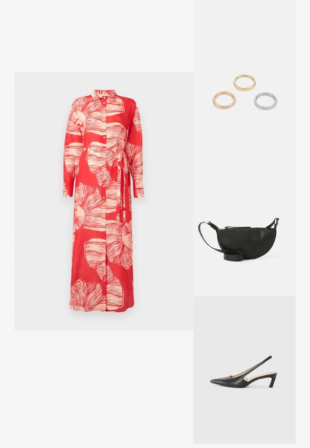 Punainen pitkähihaine mekko, jossa on kaulus, valkoisella kukkakuviolla ja sidottu vyötärö. Valmistettu kevyestä kankaasta, jossa on nappisulku.; Musta, kärjeltään terävä slingback-kengä, jossa on matala korko. Kengässä on sileä nahkamateriaali ja sivuilla leikkaukset hengittävyyttä varten.; Mustikkavärinen nahkainen crossbody-laukku, jossa on puolikuun muoto, teksturoitu pinta, kultainen vetoketju ja litteä olkahihna. Kompakti muotoilu, joka sopii välttämättömyyksille.; Kolme metallirengasta: yksi ruusukultainen, yksi kultainen teksturoiduilla yksityiskohdilla ja yksi hopeinen, kaikki kaiverretulla brändäyksellä sisäpuolella.