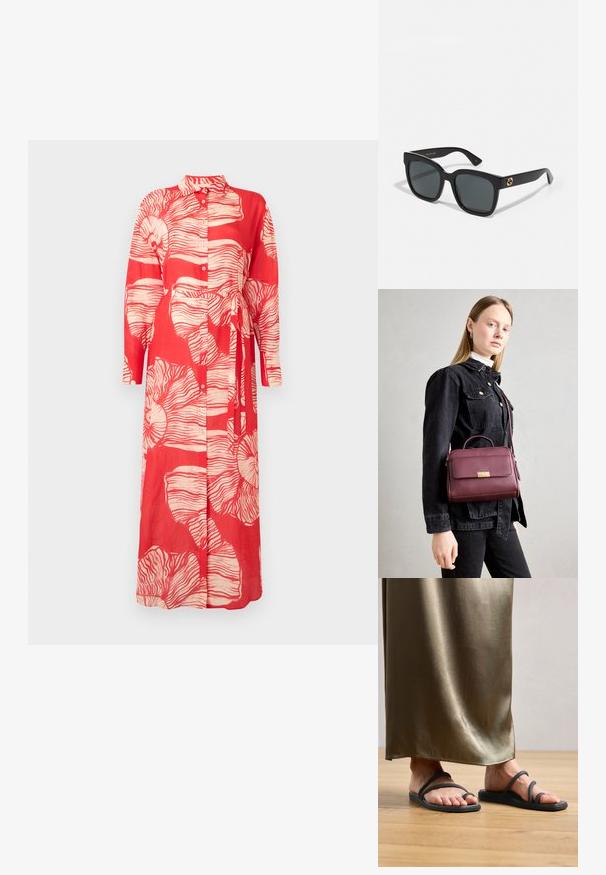 Piros, hosszú ujjú ruha, gallérral, fehér virágmintával és megkötős derékkal. Könnyű anyagból készült, gombos záródással.; Fekete gumilapos papucsok, két vékony pánttal, egyetlen lábujjpánttal. Egy fából készült padlón helyezkednek el, egy selyem olívazöld szoknya mellett.; Fekete napszemüveg téglalap alakú lencsékkel, fényes felülettel és arany logóval a szárakon. Sötétszürke lencsék UV-védelmet nyújtanak.; Burgundi bőrtáska arany csattal, struktúrált forma, felső fogantyú és állítható vállpánt. A modellen farmerdzseki van.