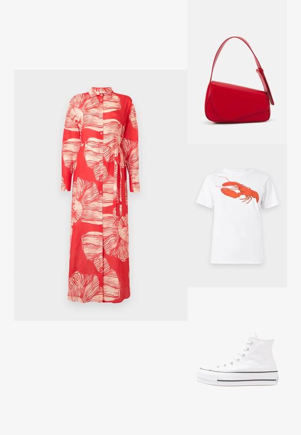 Punane pikade varrukatega kleit, millel on krae, valge lilleline muster ja seotud vöökoht. Valmistatud kergest kangast, millel on nööpide sulgemine.; Valge puuvillane T-särk, mille ees on suur erkpunane homaarigraafika. Lühikesed varrukad ja tavaline ümar kaelus.; Valge kõrgem kangast tenniseking, millel on must kummist tald, ees kummist varvasetugi ja kuus aukku paelte jaoks, pakkudes puhta ja minimalistliku disaini.; Punane nahast käekott, millel on nurkadega geomeetriline disain. Omab ühte reguleeritavat rihma ja klappidega sulgemist, millel on õmblustega kaunistused.