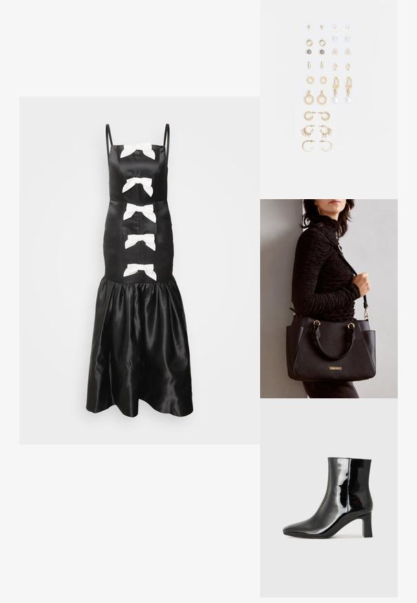 Černé saténové šaty s bílými mašlemi, tenkými ramínky, přiléhavým živůtkem a rozšířeným volánkovým lemem. Hladká textura a klasický design.; Černé lakované kotníkové boty s špičatou špičkou a středně vysokým blokovým podpatkem. Hladká textura a minimalistický design.; Černá kabelka s texturovaným povrchem, dvojitými horními uchy a nastavitelným ramenním popruhem. Obsahuje zlaté kovové prvky a boční kapsy.; Sada náušnic ve zlatém tónu s různými designy, včetně pecek, kruhů a visacích kousků s perlami a rhinestony.