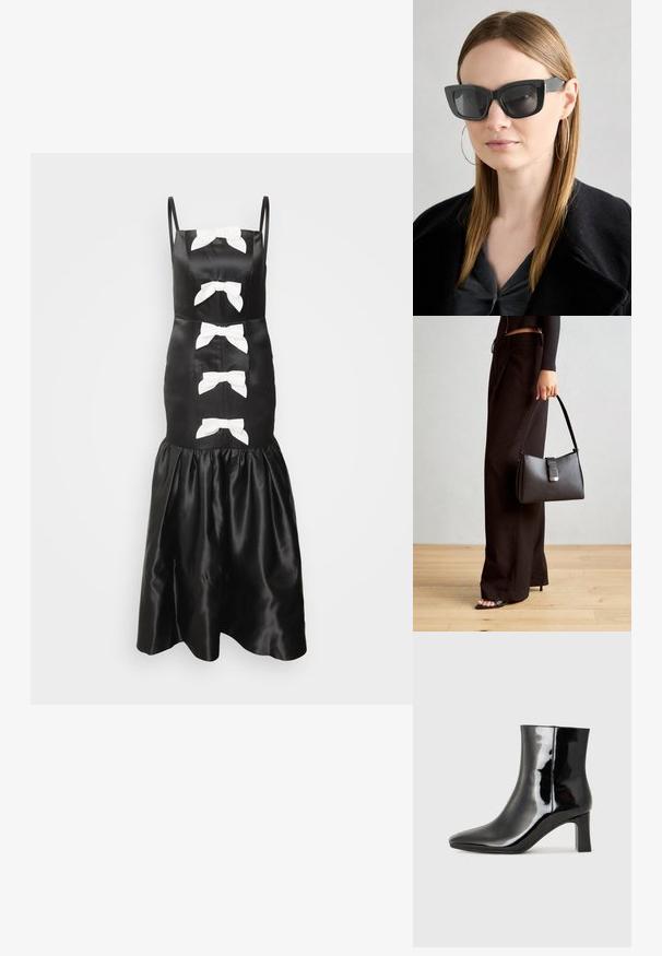 Svart satengkjole med hvite sløyfe-detaljer, tynne stropper, en tettsittende overdel og en utsvungen, volangkant. Glatt tekstur og klassisk design.; Sorte patentlær ankle boot med spiss tå og en mellomhøy blokkhelt. Glatt tekstur og minimalistisk design.; Sorte katteøyne solbriller med mørke linser, tykke rammer og subtile detaljer. Båret med en svart frakk og grå topp, med langt, rett hår.; Svart håndveske med strukturert form, jevn tekstur og metallisk lås. Kombinert med brede svarte bukser og sandaler med åpen tå på tregulv.