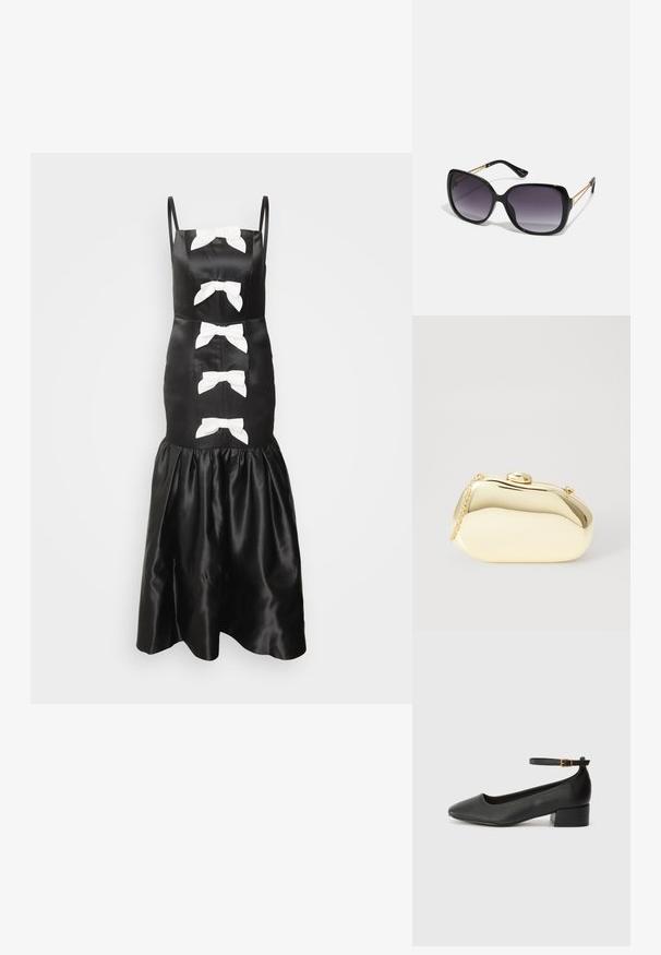 Vestido de cetim preto com detalhes em laço branco, alças finas, corpete justo e bainha com babados e evasê. Textura suave e design clássico.; Sandal de pele preta com bico pontiagudo e um salto bloco baixo. Apresenta uma tira no tornozelo com uma fivela em tom dourado. Textura suave.; Óculos de sol oversized pretos com lentes degradê, armações grossas e detalhes em corrente dourada nas hastes.; Clutch metálico dourado com uma forma suave e arredondada, apresentando um fecho de botão superior e uma pequena alça em corrente para transporte.