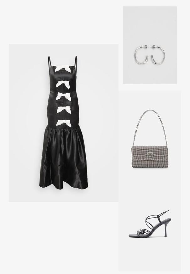 Crna saten haljina s bijelim mašnama, tankim trakama, uskim korzetom i raširenim, naboranim rubom. Glatka tekstura i klasičan dizajn.; Crne sandale na visokoj potpetici imaju tanke trake s čvorastim dizajnom, glatki kvadratni vrh i elegantnu stiletto petu.; Svijetlosivi metalik ruksač s lancem, ukrašen malim okruglim metalnim zakovicama i trokutastim logotipom marke.; Srebrne naušnice u obliku obruča sa glatkom, sjajnom površinom, zakrivljenog oblika i zatvaranjem na čep. Minimalistički dizajn s modernim završetkom.