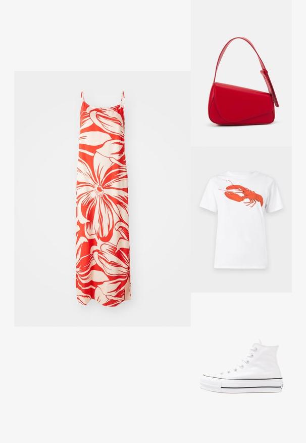 Vörös és krémszínű maxi ruha, nagy virágmintákkal. Könnyű anyagból készült, állítható pántokkal és oldalsó hasítékokkal.; Fehér pamut póló, amelyen elöl egy nagy, élénkpiros homár grafika látható. Rövid ujjú és standard környakú kialakítás.; Fehér magaskorsó vászon sportcipő fekete gumi talppal, elülső gumi orrnyereggel és hat fűzőlyukkal, letisztult, minimalista dizájnnal.; Piros bőr kézitáska szögletes, geometrikus kialakítással. Egy állítható pánttal és varrott részletekkel ellátott fedélzárral rendelkezik.