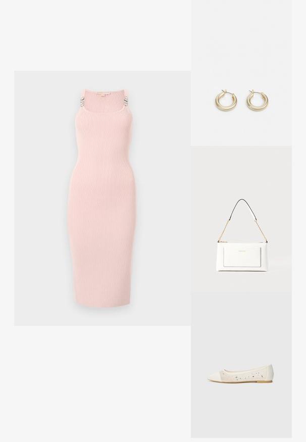 Roosa soonikkoemel dress, millel on sirge siluett, neljakandiline kaelus ja hõbedased elemendid rihmadel. Pikkus keskele sääreni.; Kohev varbaosa, kreemikad nahkplätud, mille läbipaistev ülaserv on kaunistatud laiali asetatud sädeleva kivid. Pehme talla disain mugavuseks, minimalistlik välimus.; Valge nahast kott tekstureeritud viimistlusega, millel on kuldne kettling ja mustad aktsendid. Include eesmine tasku ja tõmblukk.; Lauren Ralph Lauren BASIC SMALL HOOP - Kõrvarõngad - gold-coloured