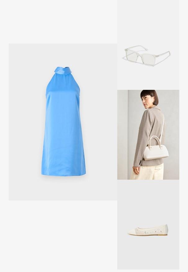 Um vestido halter sem mangas, azul claro, feito de um tecido suave, com um corte alto no pescoço e fendas laterais para facilitar o movimento.; Sandal com biqueira apontada em pele creme com parte superior transparente decorada com strass dispersos. Sola macia para conforto, design minimalista.; Óculos quadrados de plástico transparente com lentes translúcidas, apresentando detalhes em dourado nas hastes.; Bolsa estruturada branca com alças curtas e uma alça de ombro, com detalhes em hardware dourado e material texturizado, exibida contra um fundo cinza.