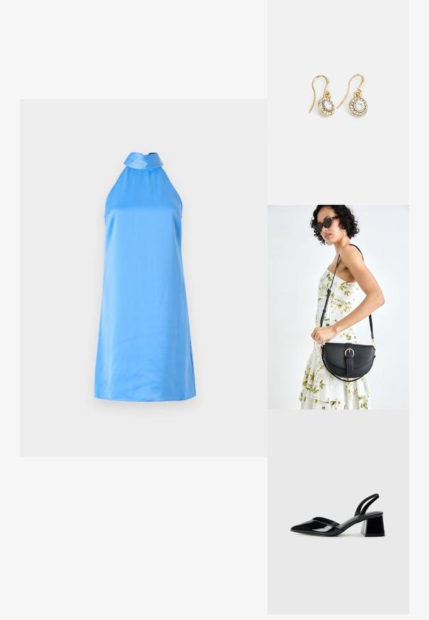 Sukienka bez rękawów, w jasnoniebieskim kolorze, na ramiączkach, wykonana z gładkiego materiału, z wysokim kołnierzem i bocznymi rozcięciami dla swobody ruchów.; Czarne lakierowane półbuty na obcasie z wydłużonym noskiem i geometrycznym słupkiem. Charakteryzują się eleganckim, minimalistycznym designem oraz gładką fakturą.; Czarna skórzana torebka o zakrzywionym kształcie, z odpinanym paskiem i złotymi akcentami. Torebka posiada klapę z zapięciem w kształcie klamry.; Złote kolczyki z owalnymi przezroczystymi kryształami otoczonymi mniejszymi przezroczystymi kamieniami, z zapięciem w formie haka zapewniającym bezpieczne noszenie.