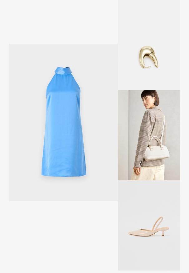 Kätketev, helesinine halterkleit, mis on valmistatud siledast kangast ja millel on kõrge kaelus ning külgisted mugavaks liikumiseks.; Beežist lakitud nahast slingback kontsad terava nina ja peene ruudukujulise kontsaga. Sile tekstuur ja minimalistlik disain ilma kaunistusteta.; Valge struktureeritud käekott lühikeste käepidemete ja õlavööga, millel on kuldse riistvara aktsendid ja tekstuuriga materjal, eksponeeritud halli taustal.; Kuldtooni metallist kõrvarõngas, millel on elegantne ja kaarjas disain. Omab silmapaistvat teravat kuju, poleeritud pinda ja hingesulgemist.