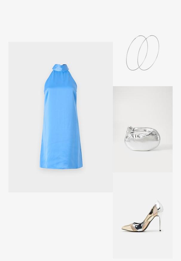 Kätketev, helesinine halterkleit, mis on valmistatud siledast kangast ja millel on kõrge kaelus ning külgisted mugavaks liikumiseks.; Kitsas toe kõrge kontsaga kingad, millel on hõbedane, kuldne ja nude värvilahendus. Läikiv viimistlus lõikekujundusega, stiletto konts.; Hõbedane metallikoti kott pehme, ümar kuju ja sõlme ülemise sulgemisega. Valmistatud siledast kunstnahast materjalist.; Hõbedased rõngastikkaehingad minimalistlikus disainis. Ümar kuju, sile tekstuur ja õhuke profiil. Kerged ning poleeritud viimistlusega.