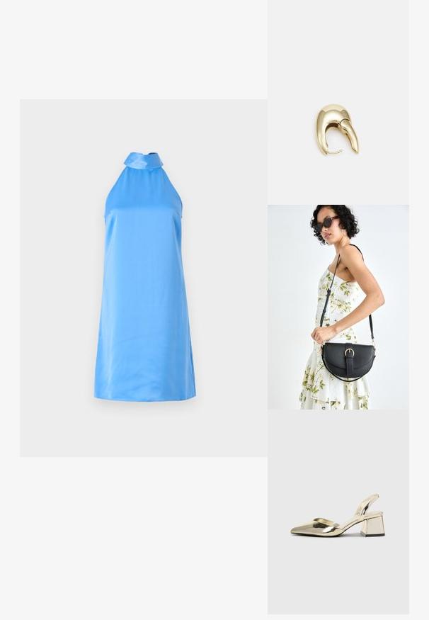 O rochie fără mâneci, de culoare bleu deschis, confecționată dintr-un material neted, având un guler înalt și slituri laterale pentru un confort sporit în mișcare.; Pantofi cu toc slingback metalici aurii, cu vârf ascuțit și toc chunky. Textură netedă, design minimalist și o curea subțire.; Geantă din piele neagră, cu o formă curbată, curea detașabilă și accesorii aurii. Geanta are un capac cu un detaliu tip cataramă.; Cercei din metal de culoare aurie cu un design elegant și curbat. Prezintă o formă distinctivă, ascuțită, o suprafață lustruită și un sistem de închidere cu balama.