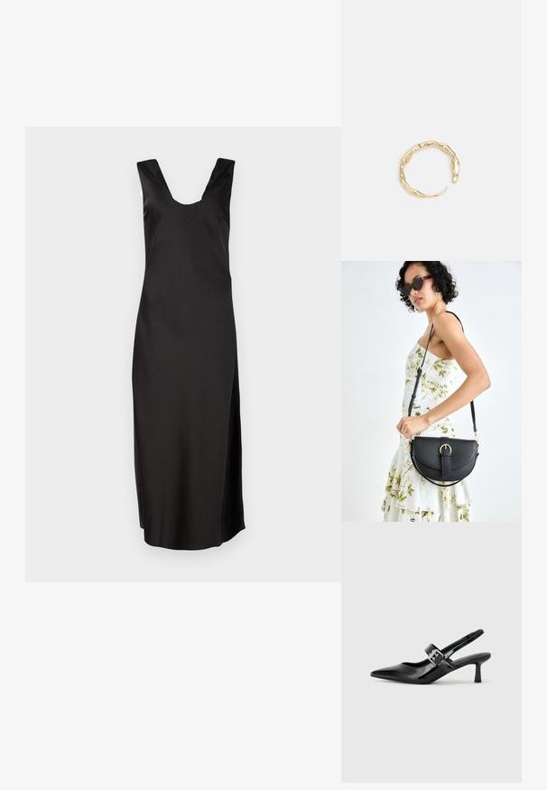 Melnas bez piedurknēm kleita ar dziļu V veida kakla izgriezumu, izgatavota no gludas auduma. Tai ir pieguļošs siluets un tā beidzas līdz ceļiem bez ornamentiem.; Melnas lakotas ādas sūkņa kurpes ar norādītu purngali un mazu bloku papēdi, ar sudraba sprādzi akcentā uz jostas.; Melnas ādas rokassoma ar izliekta formu, noņemamu siksnu un zelta aksesuāriem. Somai ir vāciņš ar sprādzes detaļu.; Zelta toņa gredzens ar organisku, vērptu dizainu, gludu virsmu un sašaurinātiem galiem, radot mūsdienīgu, skulpturālu izskatu.